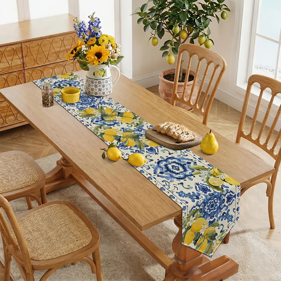 VIKAMA Chemin de table en porcelaine DOKRIY bleu et blanc méditerranéen, 1 pièce, motif citron, décoration florale pour table à manger