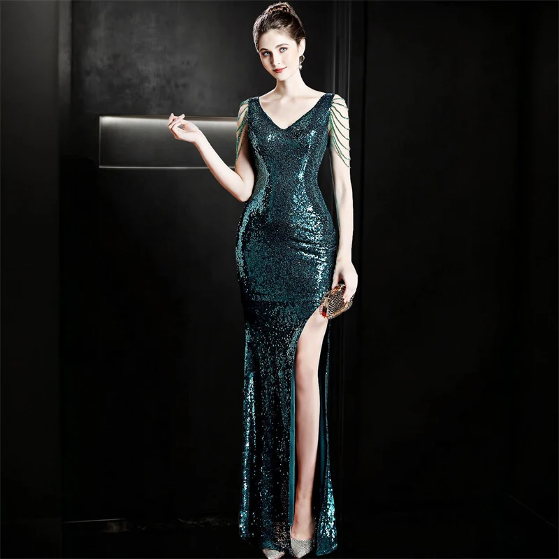 Hochwertiges Damen-Abendkleid mit Pailletten, Meerjungfrauen-Schnitt, V-Ausschnitt, rückenfrei, bodenlang, glitzernd, französisch-elegantes Bankett-Party-Festkleid – Detail 4