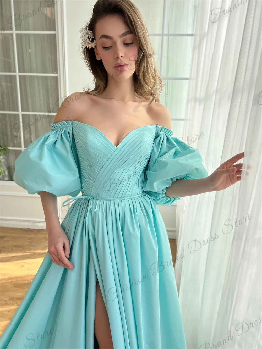 Taffeta Off-the-shoulder Sweetheart Prom Dresses With Split Pleated Corset Backless Formal Evening Gowns A-line Long Ball Gowns