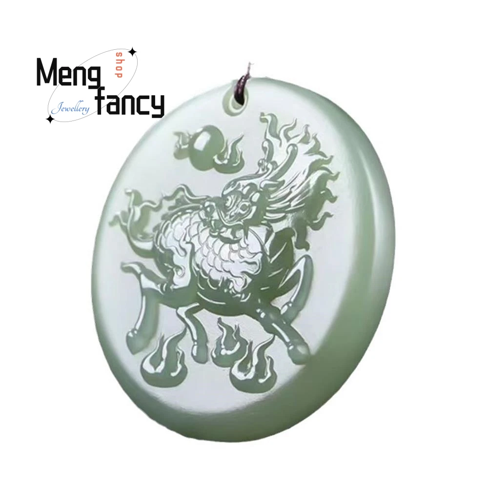 Hetian Green Jade Fire Unicorn Plaque Pingente, Requintado, Elegante, Simples, De Alta Qualidade, Moda Luxo, Jóias, Presentes de Férias