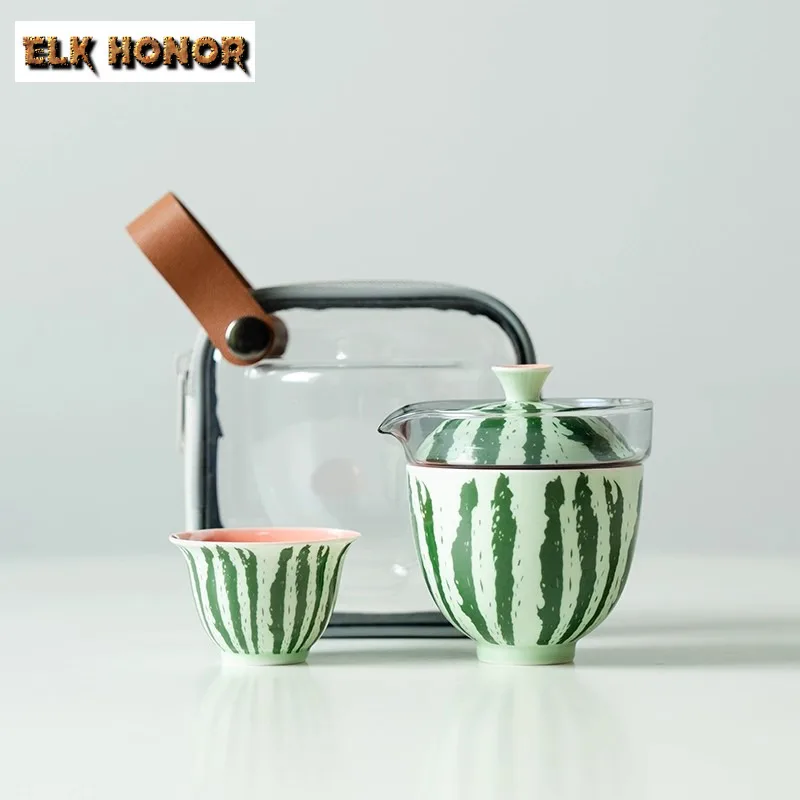 

Watermelon Travel Tea Set Kit Handmade 1 Pot 2 Cups Tea Brewing Organizer Portable Camping Tote Bag Teaware Supplies Craft