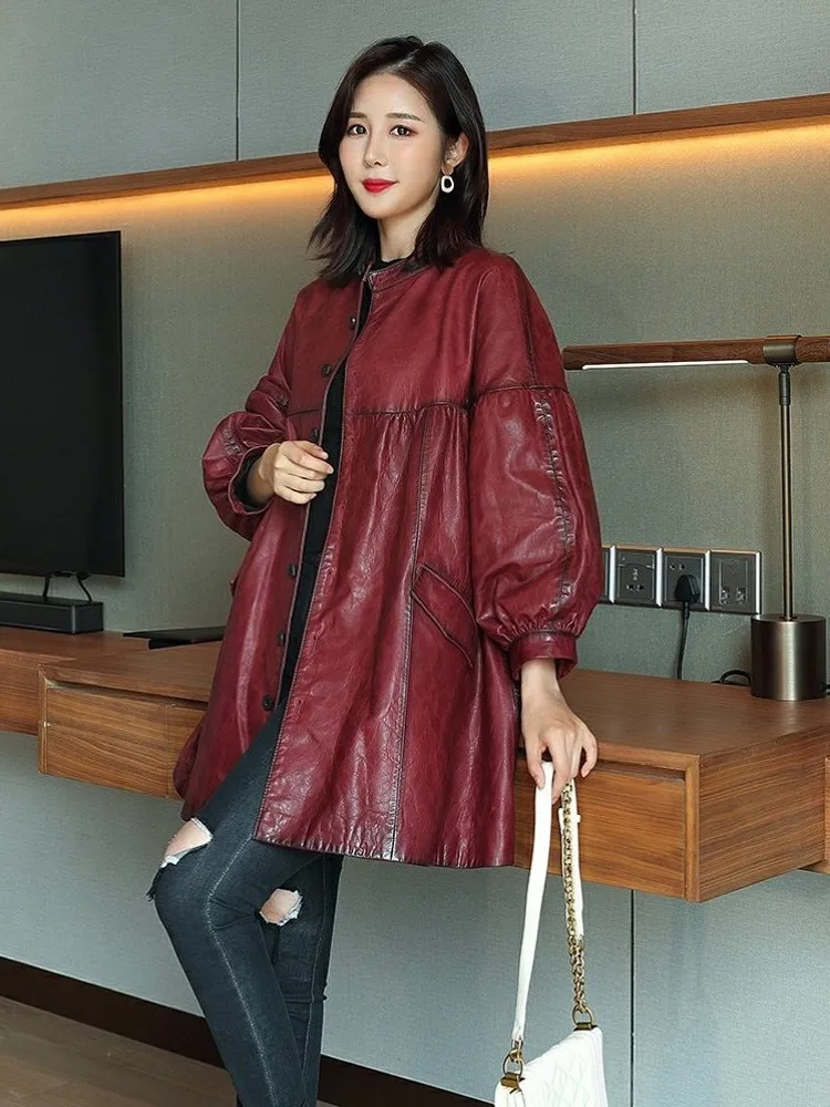 Leather jacket 2023,Mid Long 100% Genuine Leather Jacket Women Sheepskin Cape Sweet Lady Round Neck Loose Windbreaker OL Casual