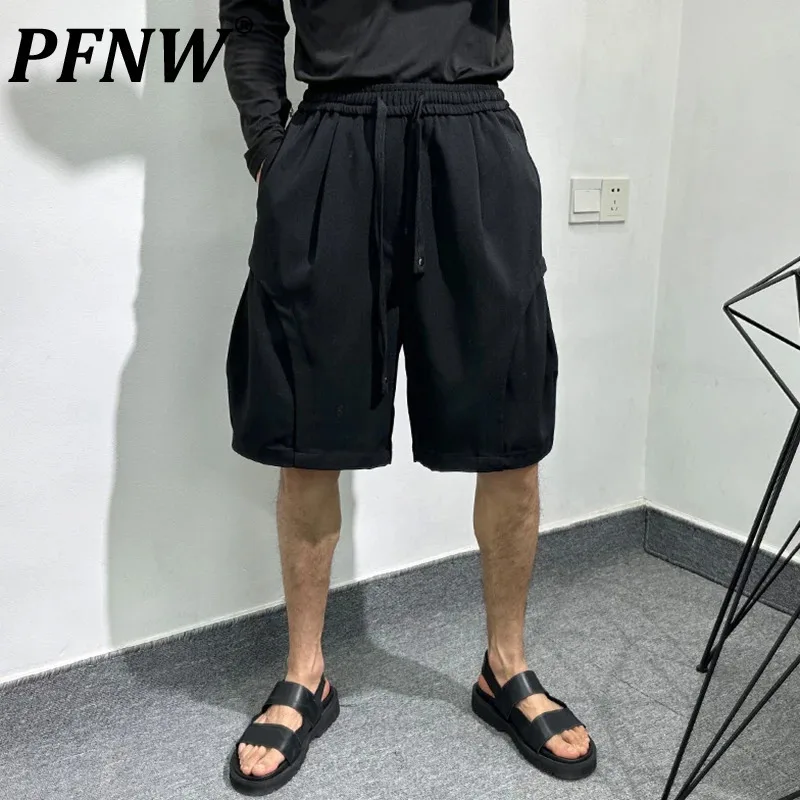 

PFNW New Summer Men's Shorts Casual Big Pockets Harem Trosuers Loose Elastic Waist Straight Wide Leg Menwear Dark Style 12C257