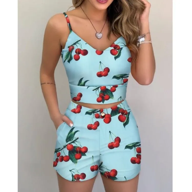 Contrasting Print Suit Two-piece Women\'s Tropical Print Suspender Top and Fashionable Street Casual Shorts Suit Female Summer