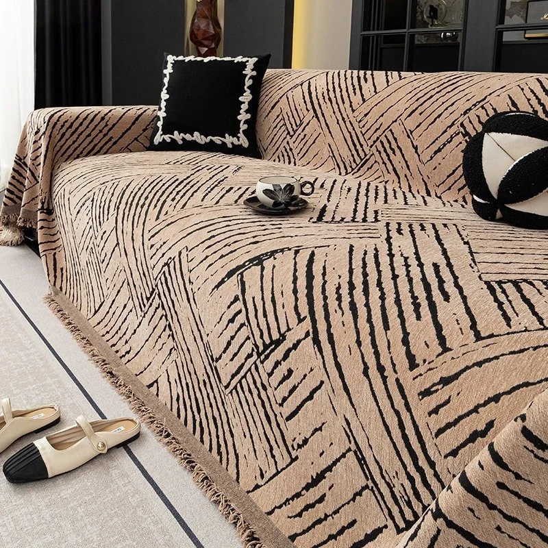 Crisscross Striped Printed Sofa Mat Chenille Tassel Edge Couch Towel Wear Resistant Anti Slip Cat Scratch Resistant Settee Pad
