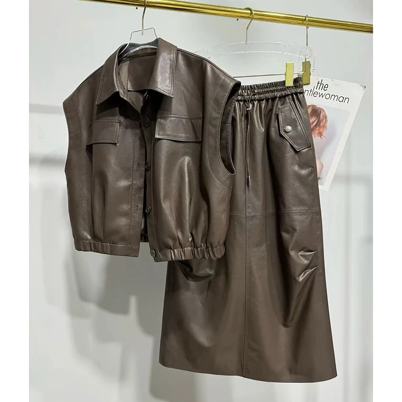 Genuine Leather Sleeveless Jacket Autumn Winter Women Plant Tanned Sheepskin Coffee Versatile Short Vest Skirt Set Flada Midi
