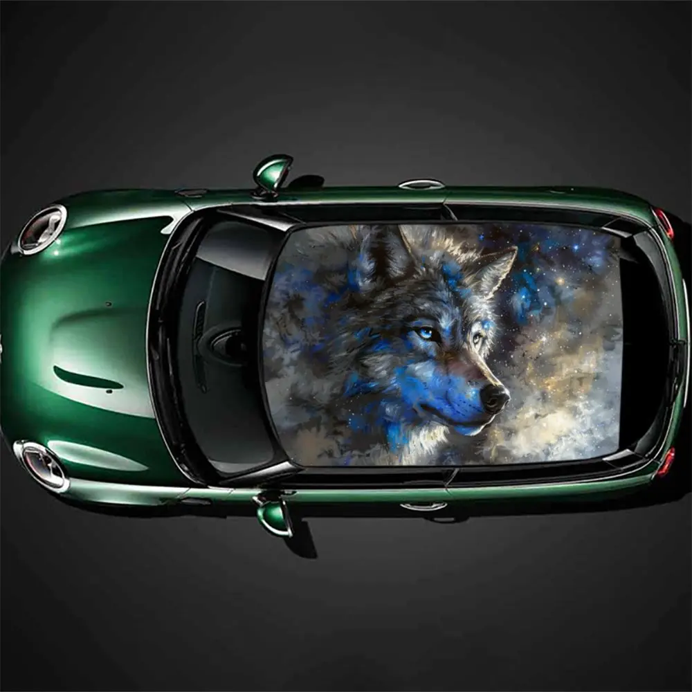 

Mysterious Starry Wolf Animal Car Roof Sticker Wrap Racing SUV Auto Accessories Packaging PVC Car Hood Graphic Decal Decoration