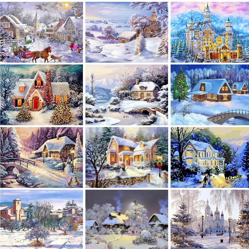GATYZTORY Moderne Malen nach Zahlen für Erwachsene, Winterhaus, Landschaft, Heimdekoration, Malen auf Zahlen auf Leinwand, DIY-Geschenke, Kunstwerk
