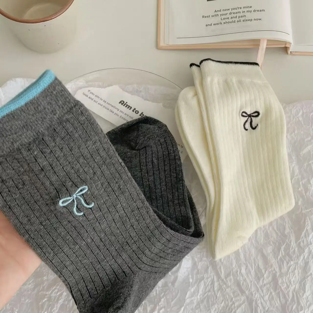 Boneless Embroidered Bow Socks For Children Spring/Summer JK Girls, Contrasting Colors Pit Strips Ballet Style Summer Thin Style