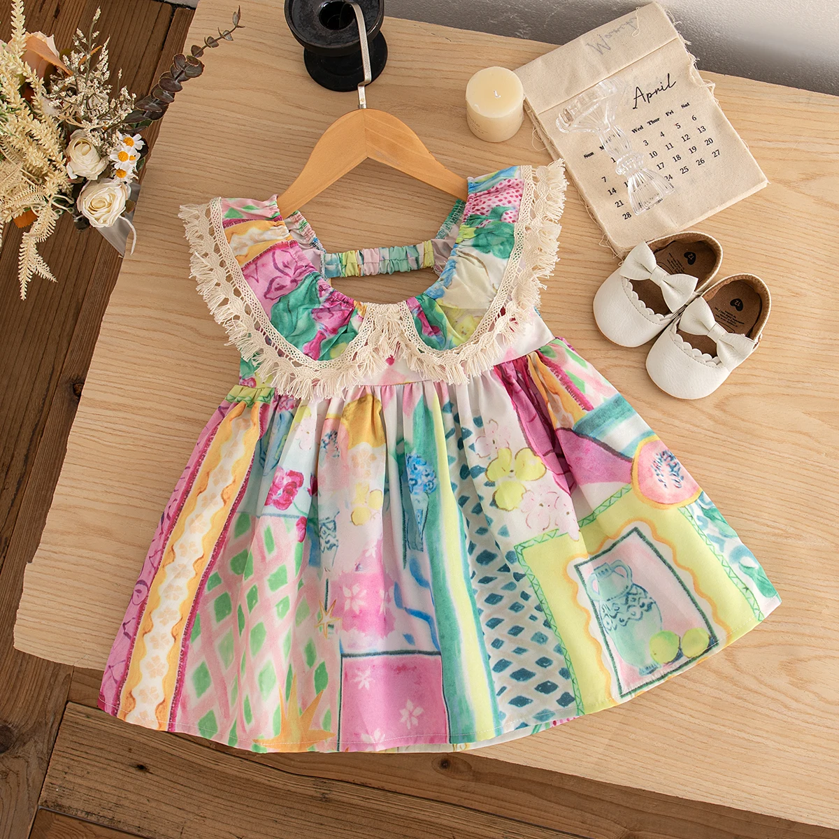 Baby Mädchen Kleid für 0-2 Jahre Graffiti Stil Spitze Element ärmelloses Kleid Mädchen Sommer Strand Urlaub Kleidung