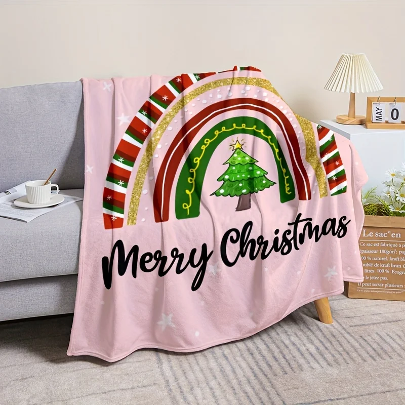 Pink Rainbow Christmas Blanket Merry Holiday Throw for Festive Decor AllSeason Comfort Whimsical Gift