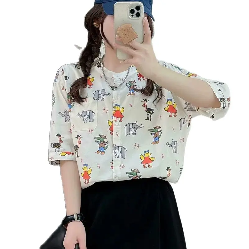 New Spring Cotton Cartoon Print camicie donna O collo camicette dolci allentate ragazza manica corta riduzione dell'età Top 2024 estate T45596QC