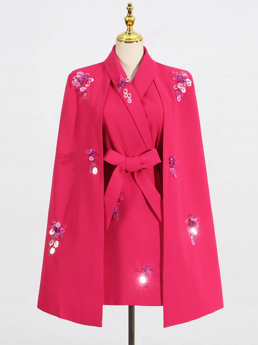 VGH Luxury Fashion Patchwork Sequined Coat for Women Lapel Shawl Sleeves Spliced Lace Up Temperament Slimming Outwear Female New