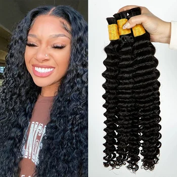 Onda Profunda Massa de Cabelo Humano para Trança, Preto Natural, Sem Trama, Cabelo Virgem, Pacotes Encaracolados, Extensões de Cabelo Brasileiras, # 1B