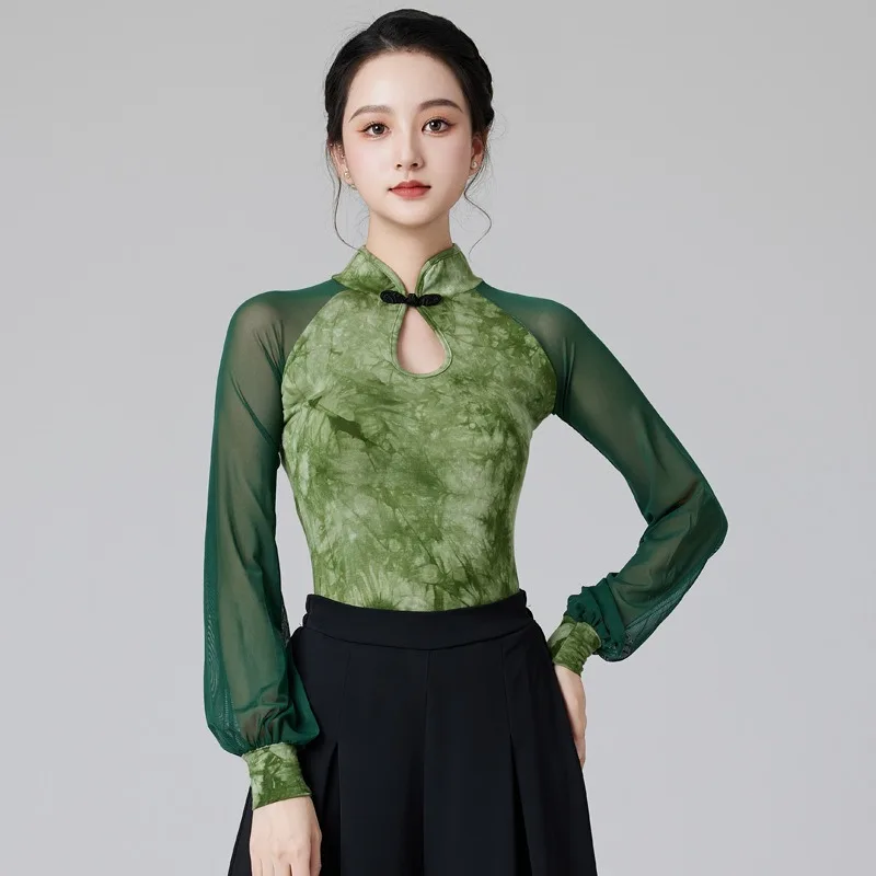 Women Long Sleeve Latin Dance Top Adult Modern Ballroom Samba Dance Daily Training Stage Performance Costume Dancewear
