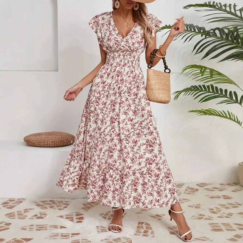 

Vestido De Noche Elegante Mujer V-neck Short-sleeved Waist Hem A-line Printed Dress Women's Versatile Floral Long Dress Vacation