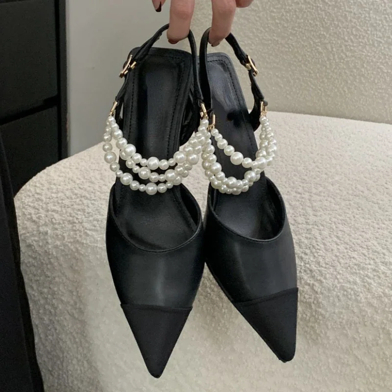 Luxury Pearl Pointed Toe High Heeled Sandals Women Hollow String Bead Classic Sandals Female Elegant Fashion Mueller Pumps Women