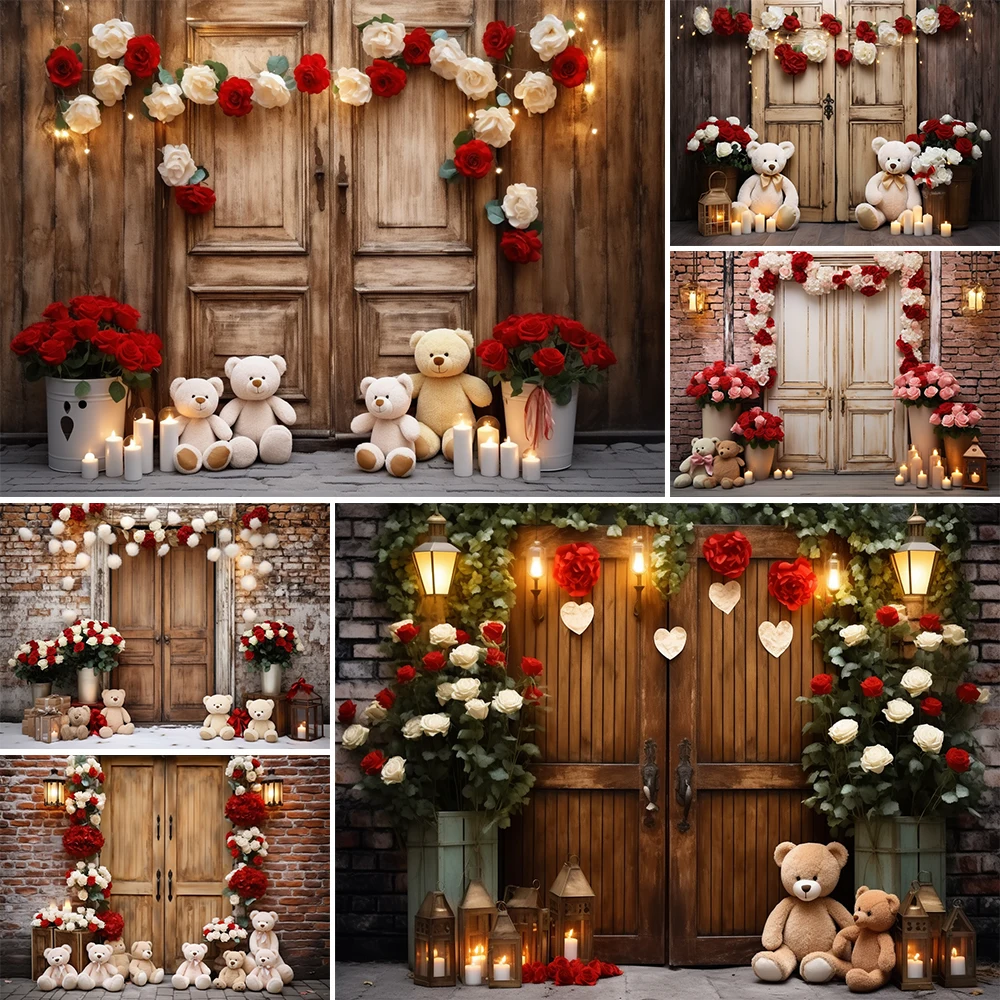 

Valentine's Day Photography Backdrop Cute Toy Bear Heart Rose Flowers Ballons Wedding Anniversary Backgrounds Photo Studio