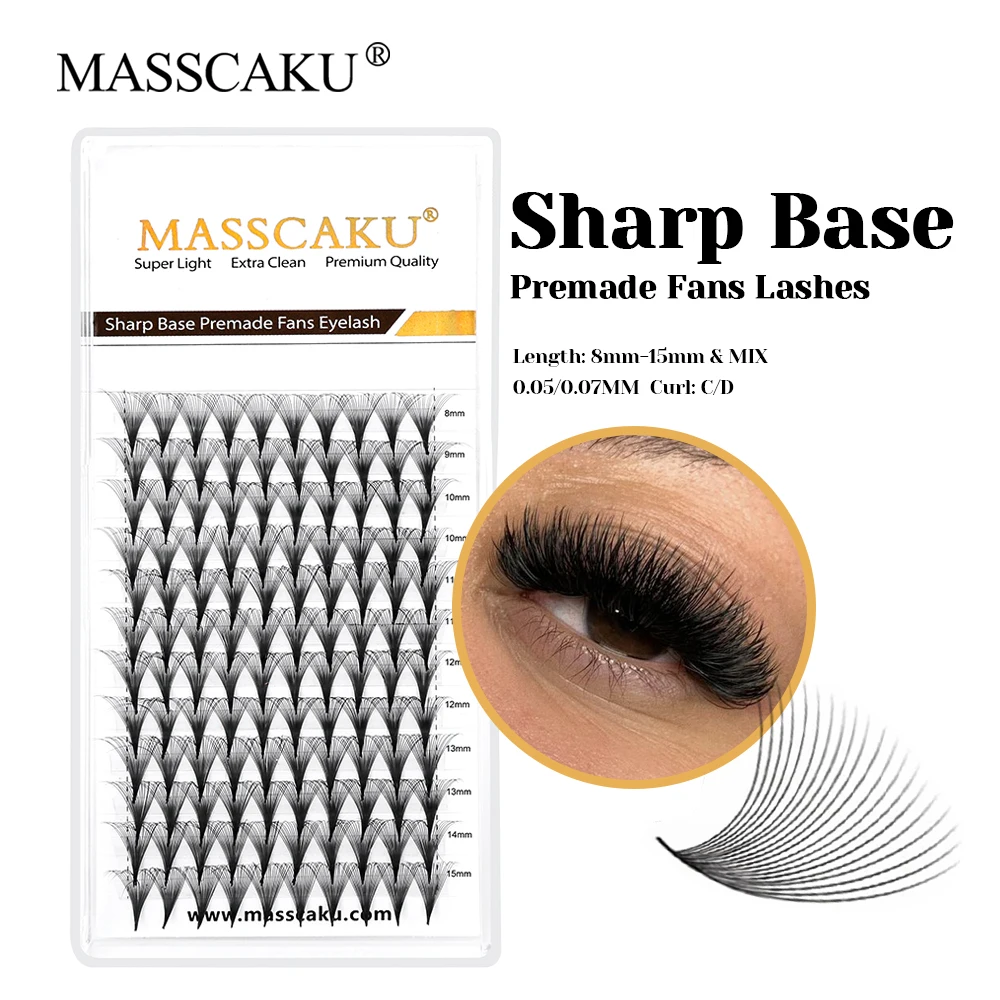 

MASSCAKU Customized Private Label Handmade 14D/16D Premade Fans Lashes 8-15mm Mix Size Natural Looks Sharp Base Lash in Stock