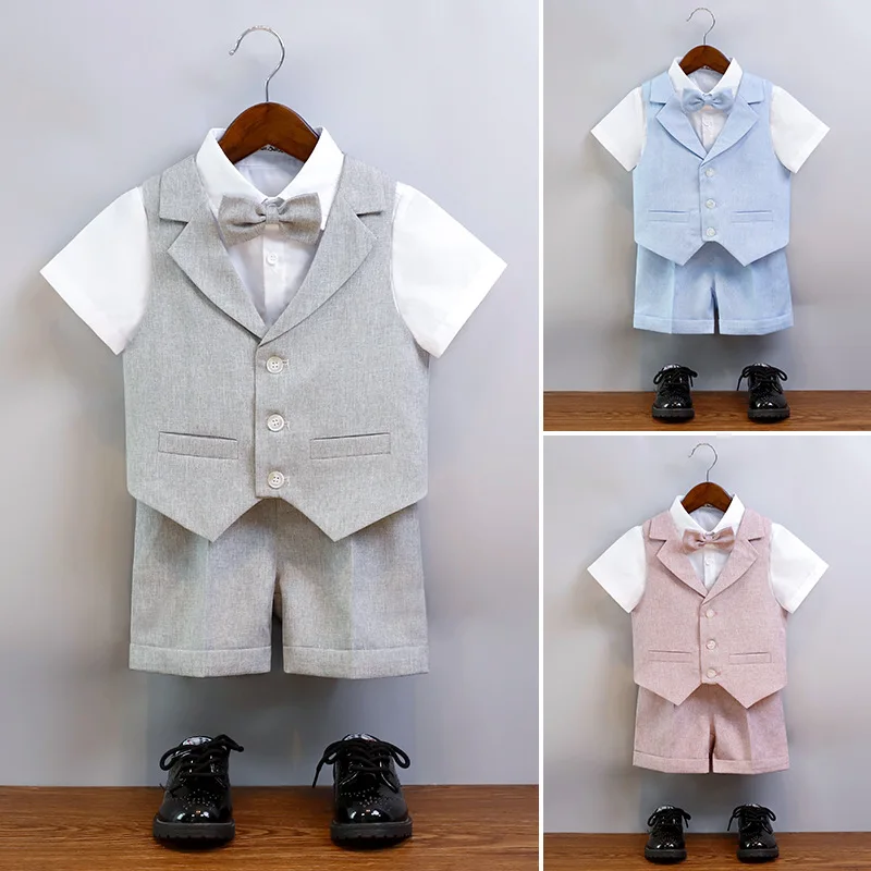 Kids Cool Vest Shirt Shorts Bowtie Ceremony Costume Boys Silm Fit Wedding Dress Boys Summer Soft Breathable Photography Suit