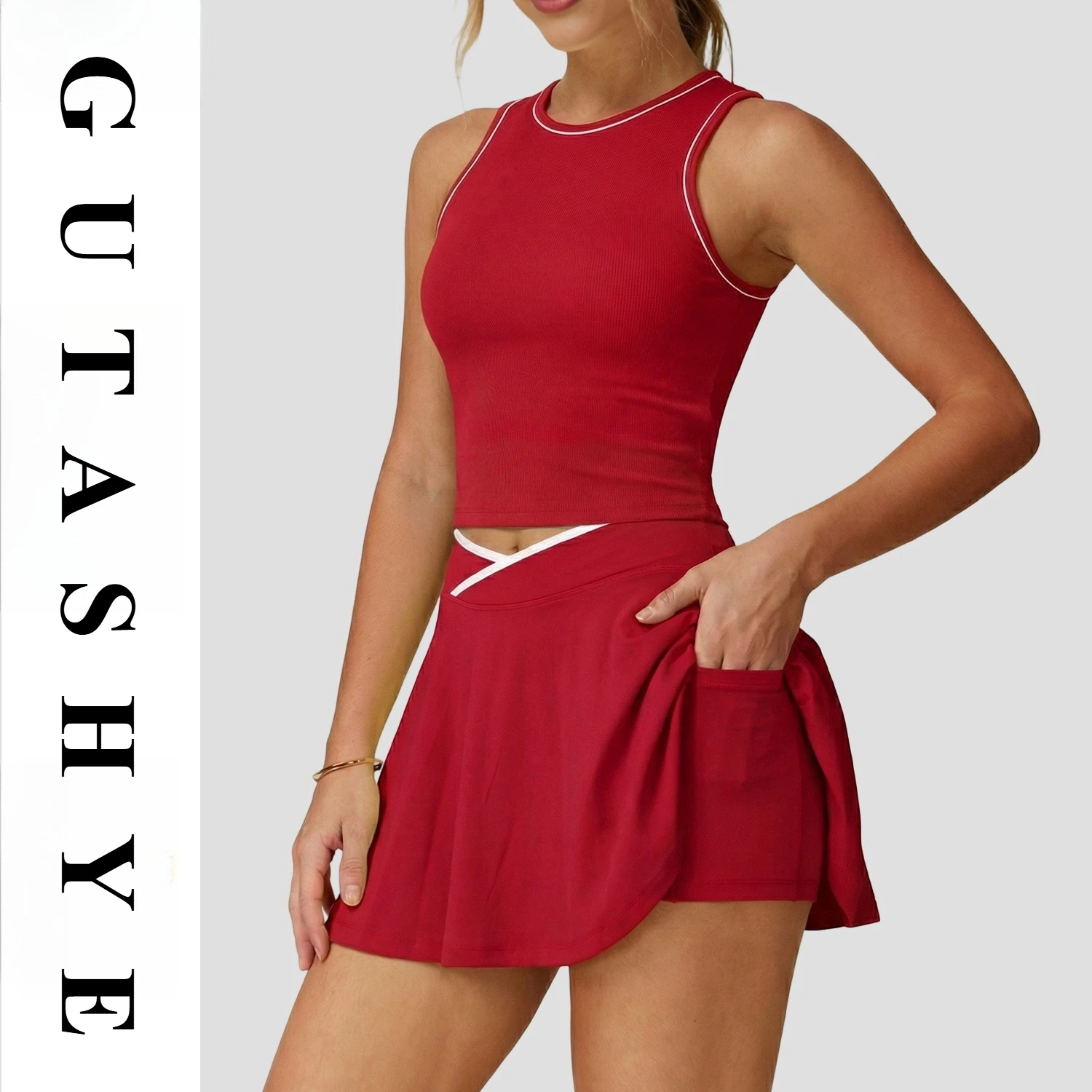 Ladies Contrast Color Spliced Golf Skirt Suit, Breathable Tennis Badminton Sports Casual 2 Piece Tracksuit