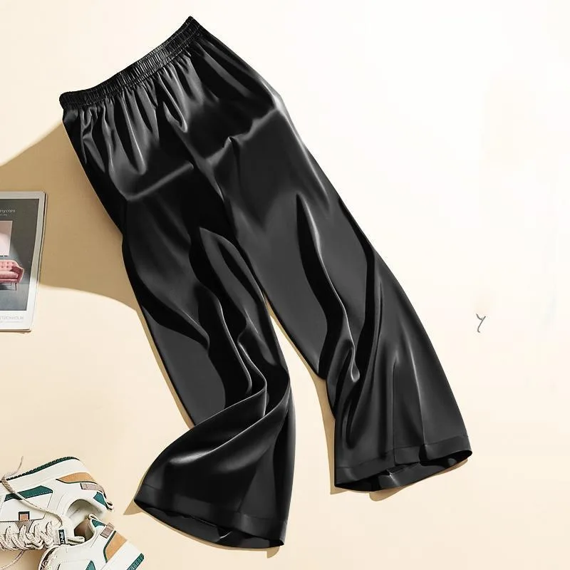 Temperament Summer Solid Men's Wear Elastic Waist Thin Satin Face Pockets Fashion Versatile Loose Wide Leg Straight Pants