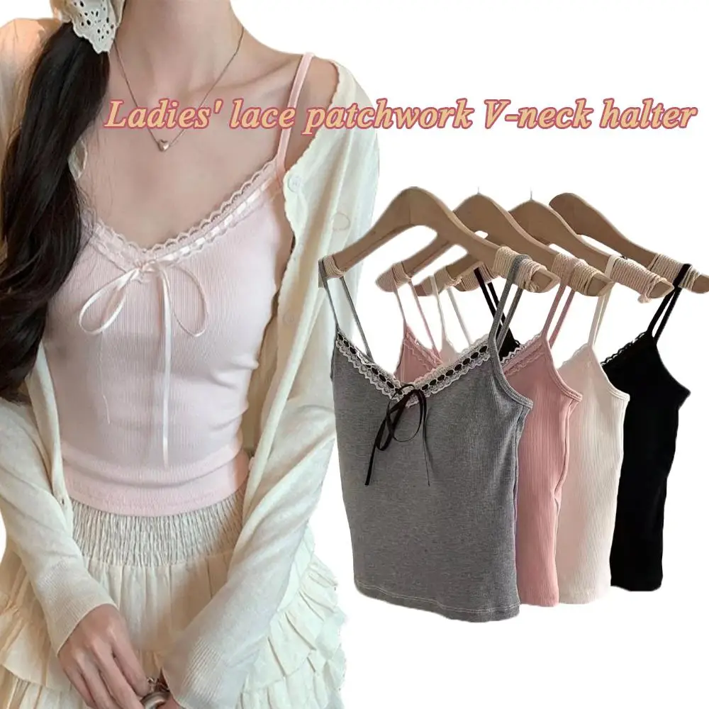 ผู้หญิง V คอ Camisole Lace Patchwork เสื้อกั๊กหวาน Trim เสื้อกั๊กสั้นสไตล์สลิงเสื้อกั๊กเซ็กซี่ TOP Camisole หน้าอกเบาะ