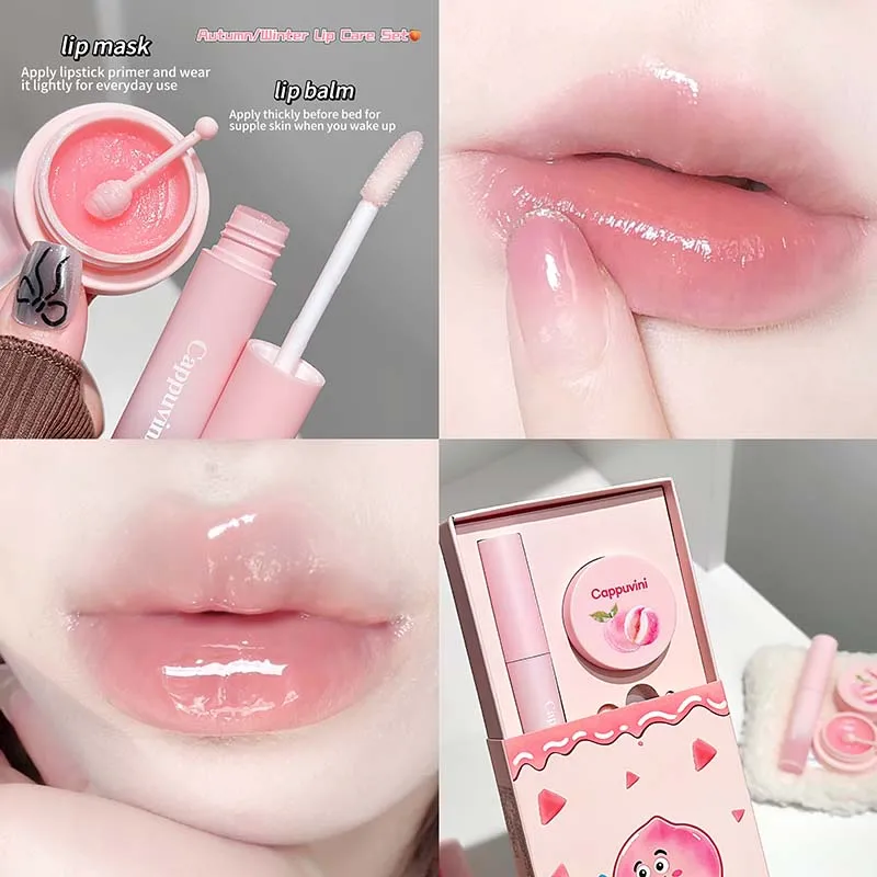 Cappuvini 2-in-1 Lip Balm & Lip Mask Set Moisturizing Hydrating Repair Dry Lips Glossy Overnight Lip Care Gift Kit