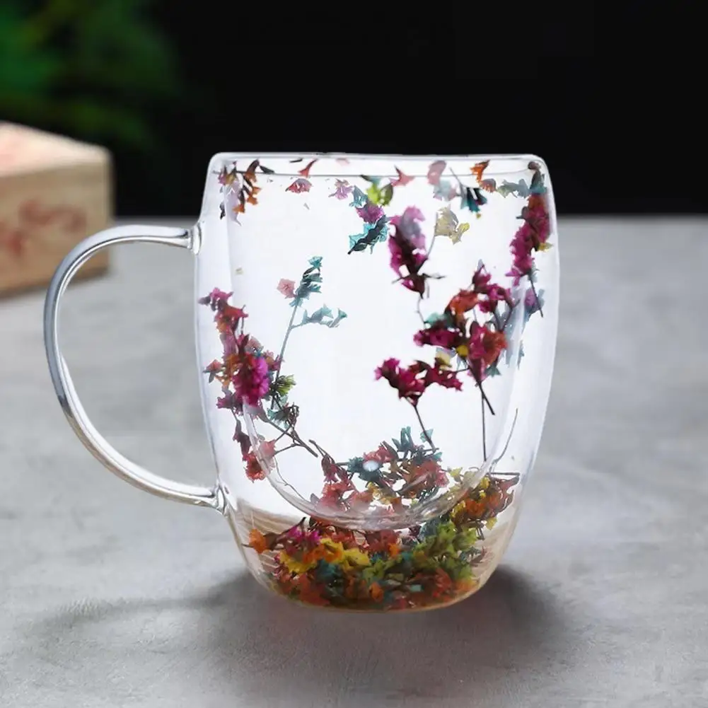 Flower Design Glass Coffee Cup Wide Handle Coffee Mug Elegant Dried Flower Double Wall Glass Coffee Mug Set for Hot for Women