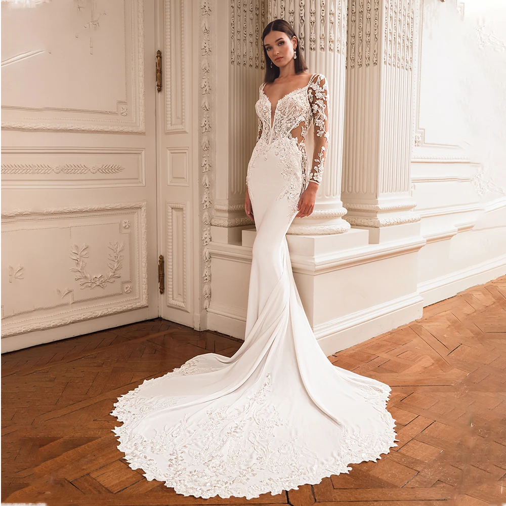 

Sexy Long Sleeves V-neck Lace Applique Sheath/Mermaid Wedding Dresses Backless Sweeo Train Custom Made 2025 Vestido De Noival