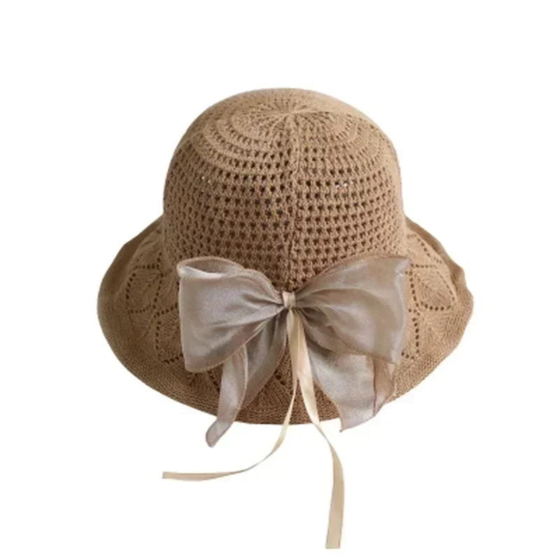 Women\'s Fashion Bow Sunshade Hat with Wide Brim Beach Straw Hat Women\'s Solid Color Outdoor Travel Accessories Hat