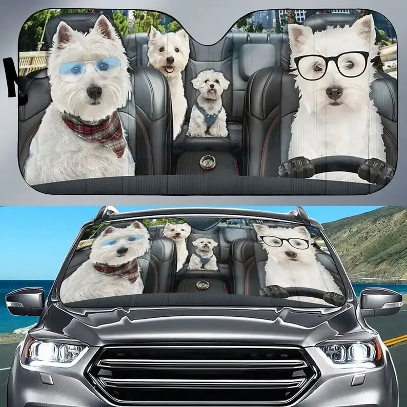 Westie Family Summer Holiday Car Sunshade Love Dogs Westie Owner Gift Windshield Sunshade Oxford Cloth