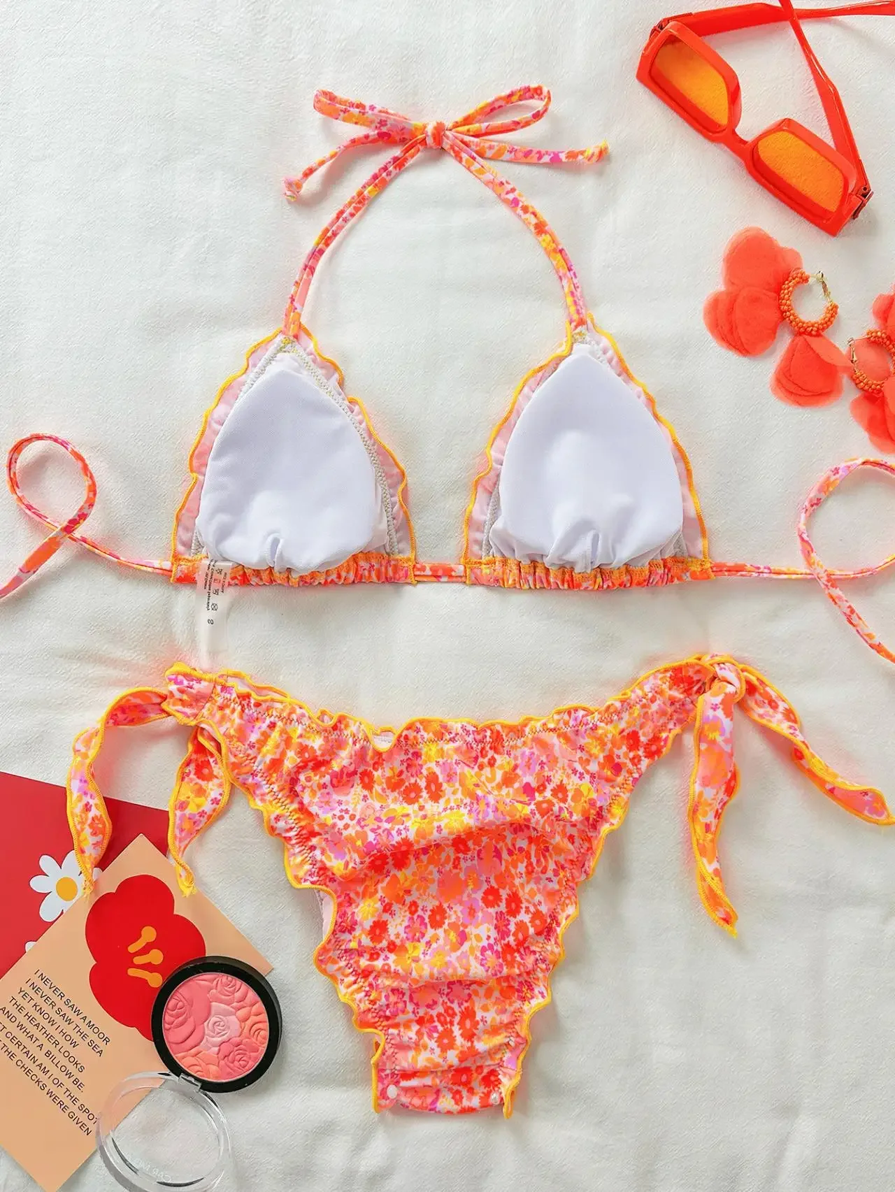 Women Thong Bikini Set Side Lace-up Sexy Swimsuit Bandage Neck Tie Swimwear Adjustable Floral Bikini Underwear Chic