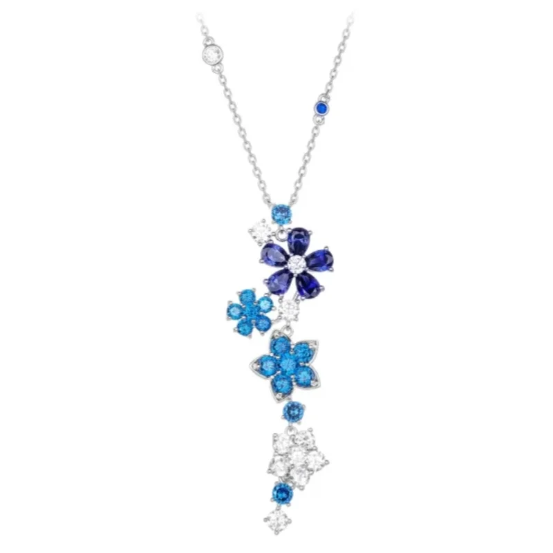 Bellux Pendant Chain 925 Silver K Gold Plated Synthetic Zircon Blue Gradient Full Diamond Five Petal Flower Cute Necklace