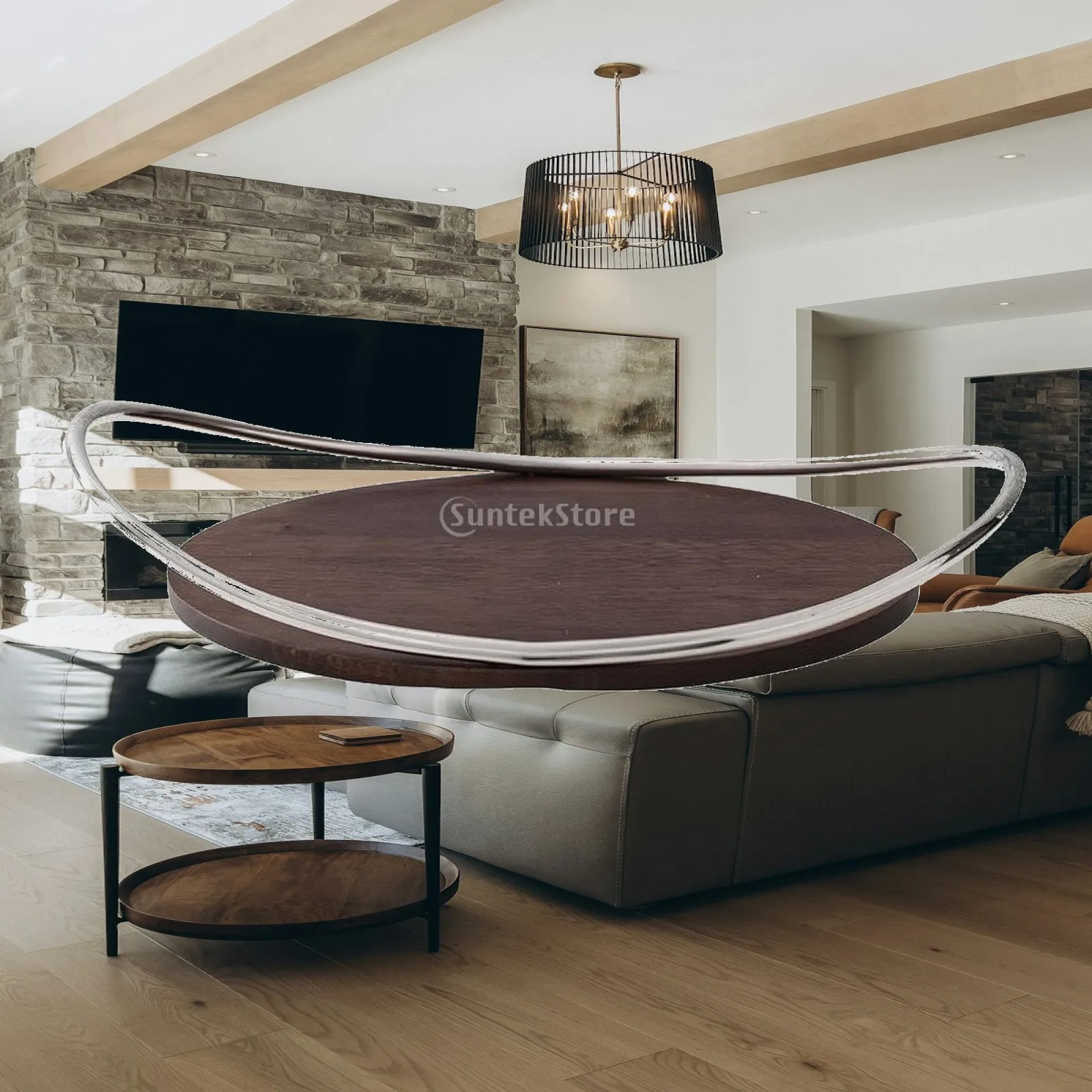 Contemporary Stainless Steel Serving Tray with Wood Accent Round Decorative Tray for Kitchen and Table Center