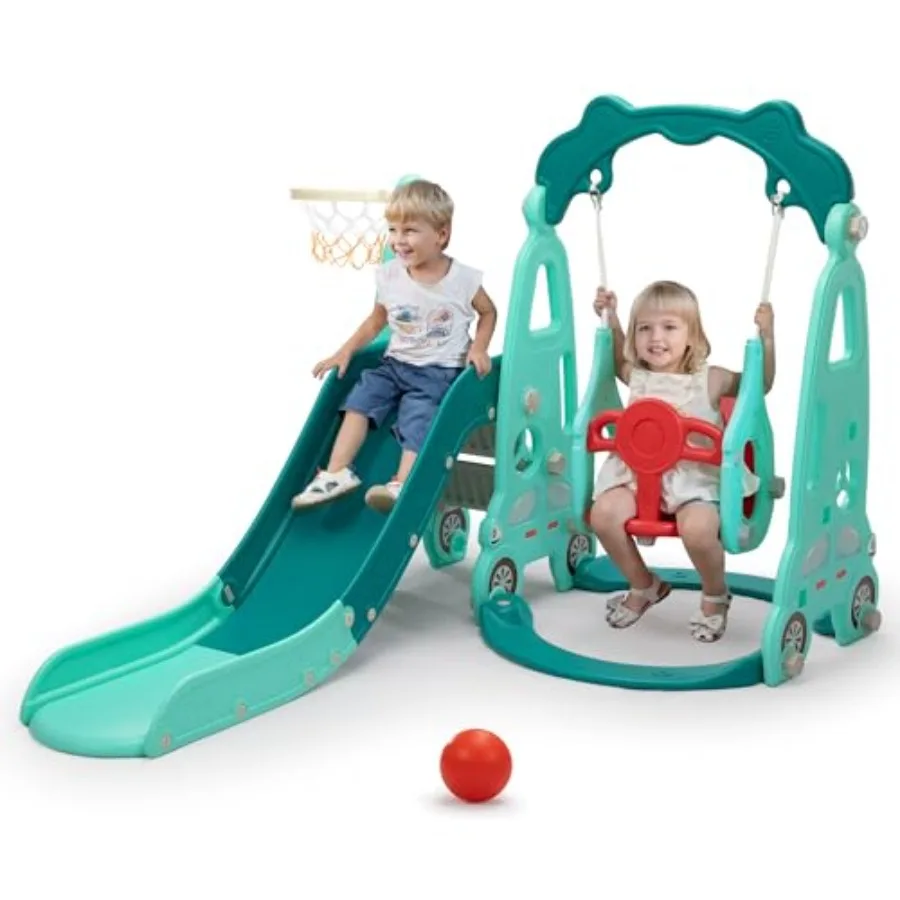 

4 in 1 Slide Climber Swing Set Freestanding Toddler Slide Climber Playset with Basketball Hoop Toddler Playground Indoor Outdoo