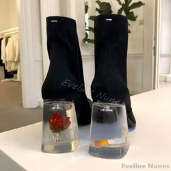 French Rose Crystal Clear Heel Ankle Boots Women Satin/patent Leather Square Toe Zipper Ankle Boots New Luxury Flower Heel Boots