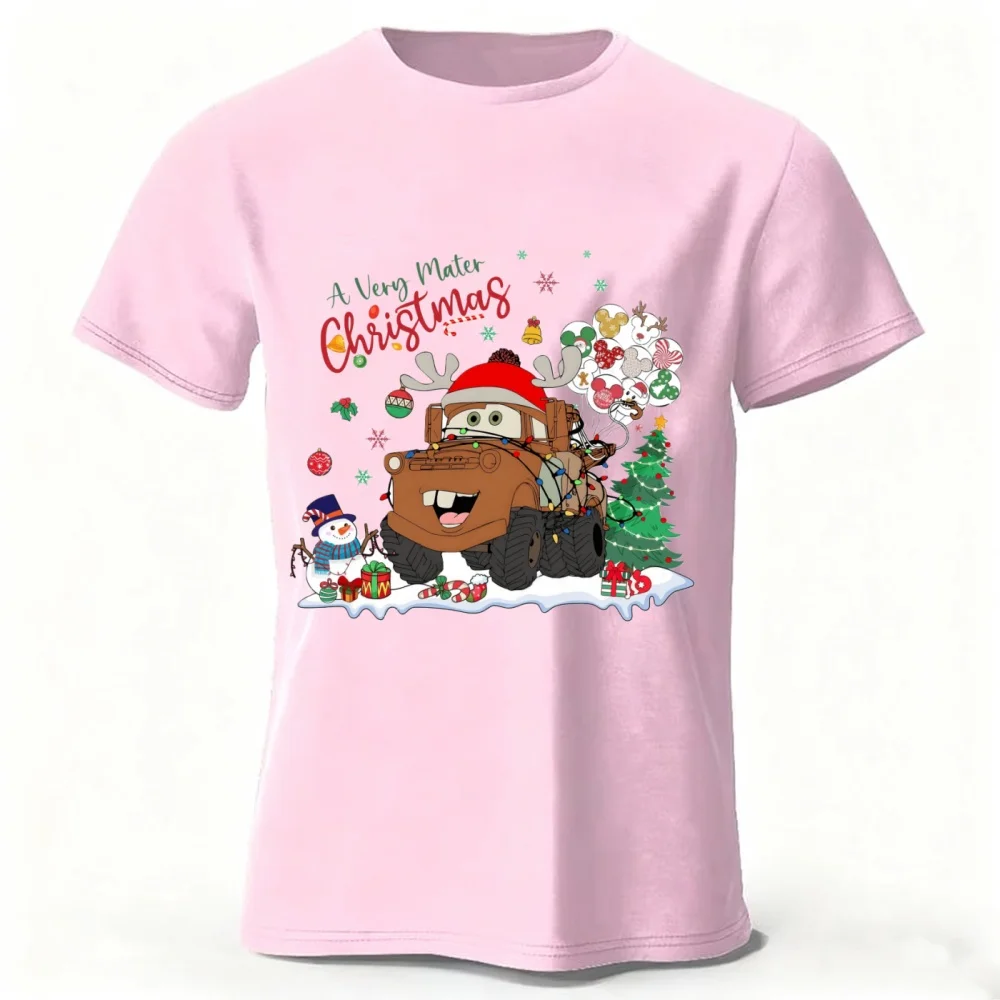 

2025 Christmas Women Lightning McQueen Mater print T-shirt round neck short sleeve cottonT-Shirts Gifts women's Clothing