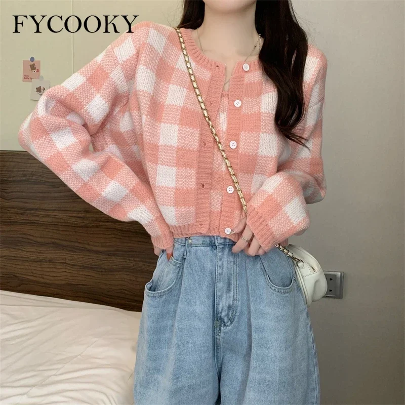 격자 무늬 패션 스웨터 코트 여성용, 새로운 니트 캐미 크롭 가디건, 투피스 정장, 가을 겨울