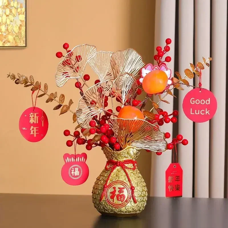 Simulation Red Fortune Fruit Bless Bag Resin Vase Decoration Home Store Cafe Table Ornaments Crafts Wedding Opening Furnishing