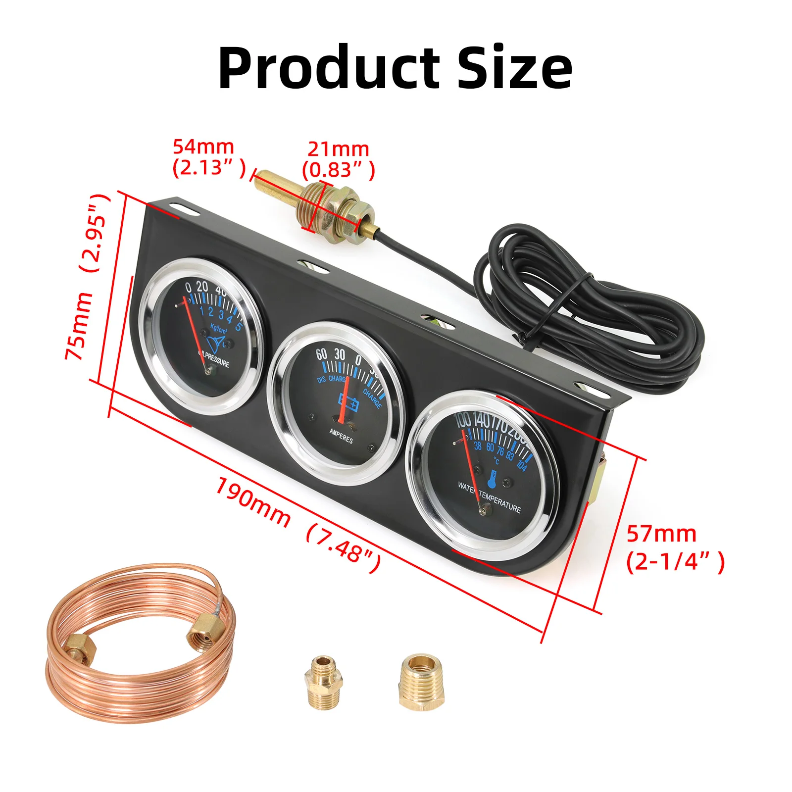 52MM Triple Meter Pointer Oil Pressure Gauge+Water Temperature Meter+Amperes Gauge for Petrol Engine Racing Car Meter 12V