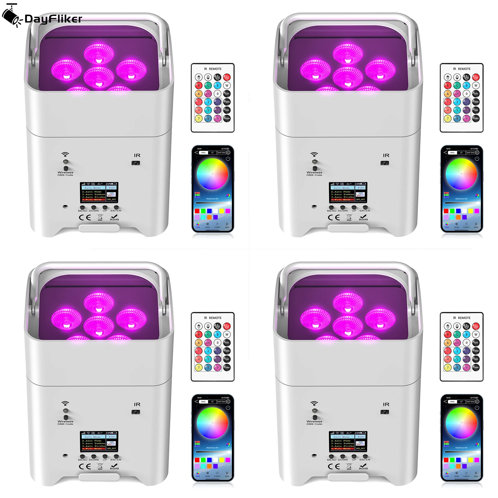

DayFlicker 4 шт. 80 Вт Par Lights Беспроводные фонари 6 в 1 RGBW УФ-светодиодный светильник DMX512 6CH/10CH для свадебной вечеринки KTV Бар Ночной клуб