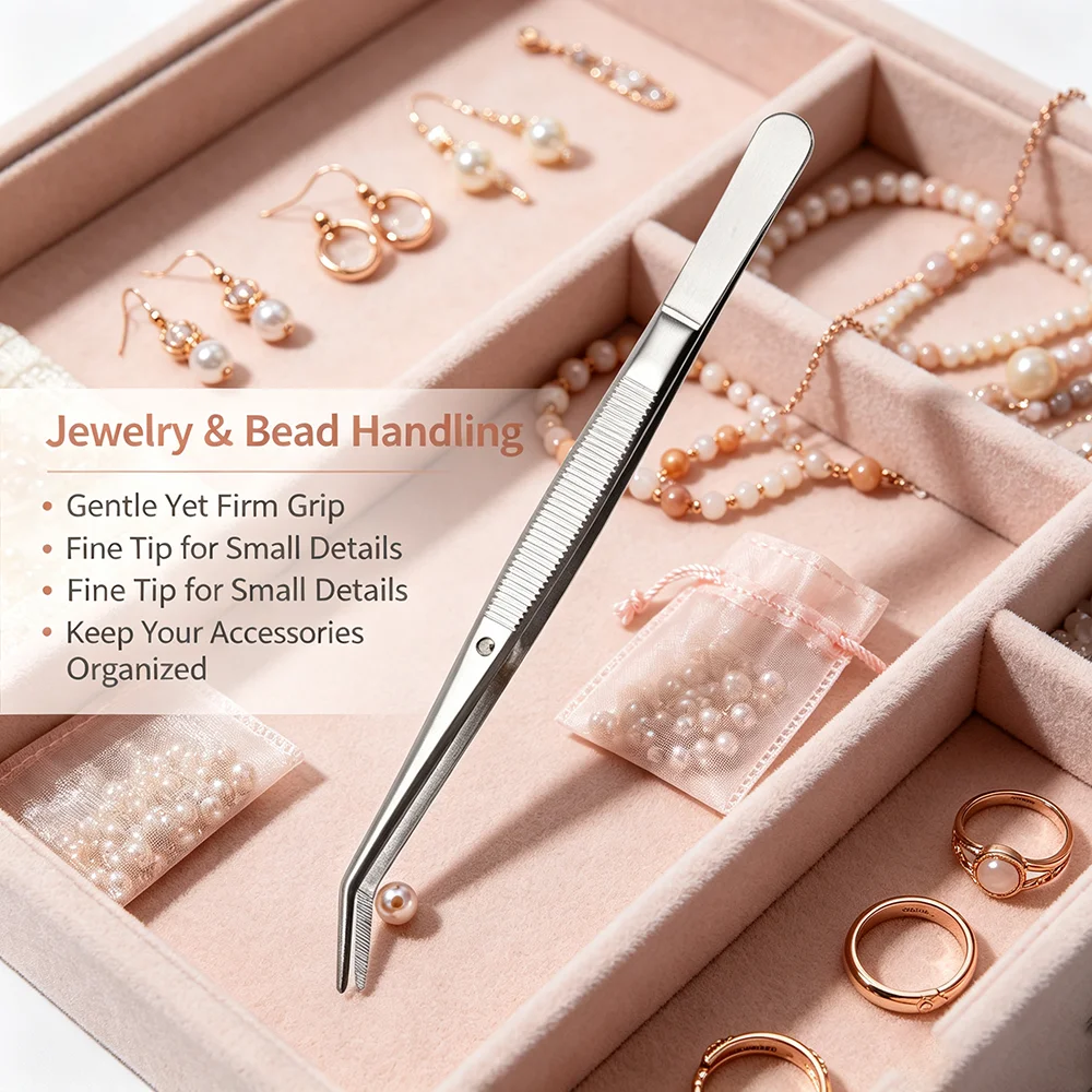 Precision Curved Craft Tweezers, Durable Stainless Steel Tweezers with Anti-slip Grip for Jewelry Making and Model Assembly