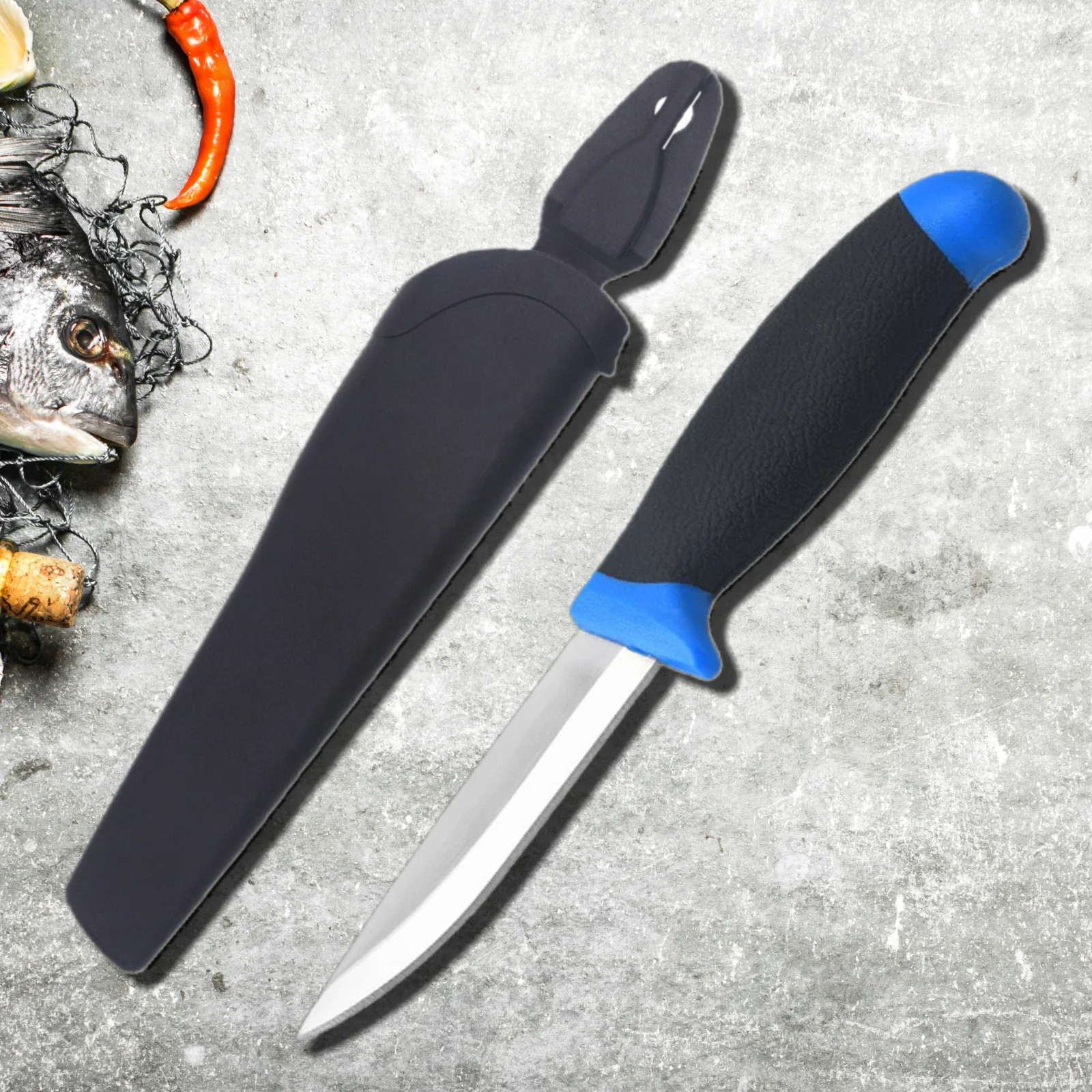 4-Inch Stainless Steel Mirror Finish Fillet Knife With Two-Tone Rubber Handle & Belt Sheath For Fish Processing Kitchen Knife