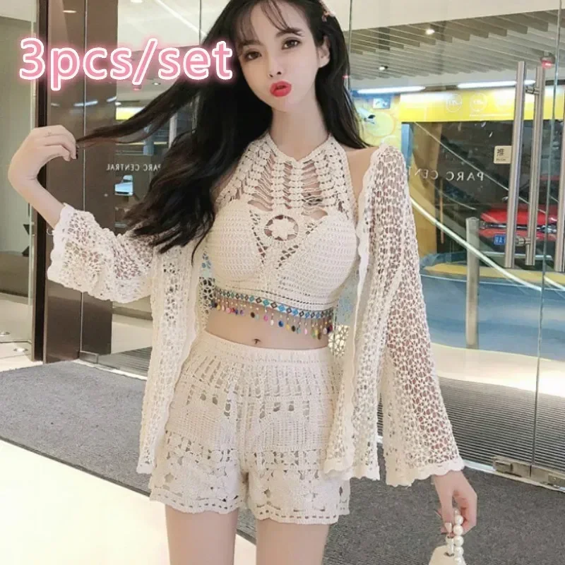 3pcs one set Summer beach seaside women's set femme summer holiday women 3pcs sets lady sexy camis shorts kimono sets women