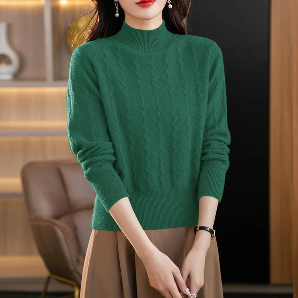 Women Winter Sweater Black Green Red Coffee Half High Collar Pullover Ladies Twist Flower Knitwear Shirt Casual Popular Clothes