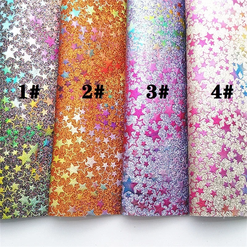 Stars Printed Fine Glitter Faux Vinyl Leather Fabric Knited Backing Leather For Bow DIY 21X29CM FZ222