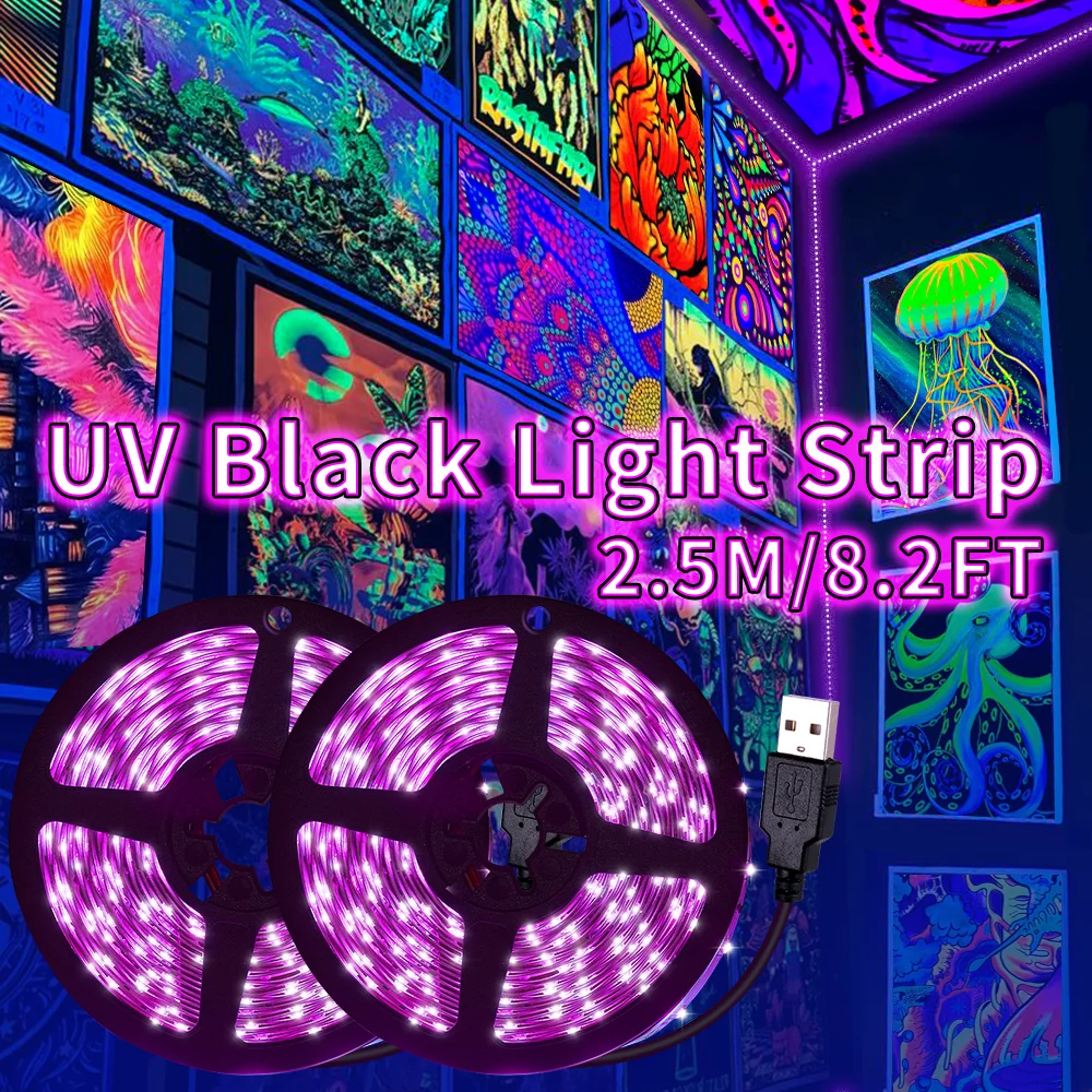2.5M USB UV LED Light Strip LED Black Light 385-400nm Ultraviolet UV Light for Halloween Fluorescent Party Neon Room Decoration