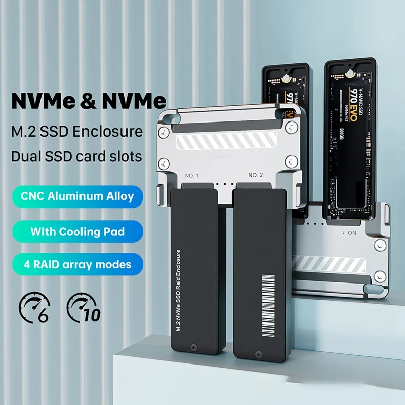 M.2 NVME SSD Enclosure Dual Drive Bay For M2 Nvme 2230 2242 2260 2280 Type-C USB 3.2 Gen2 20Gbps External Hard Case