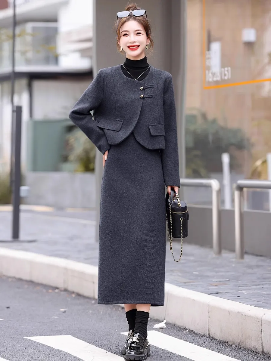 

French Elegant Classic Style Woolen Dress Set Women's Autumn Winter 2024 Autumn New Socialite Fashion Two-piece Set High Quality